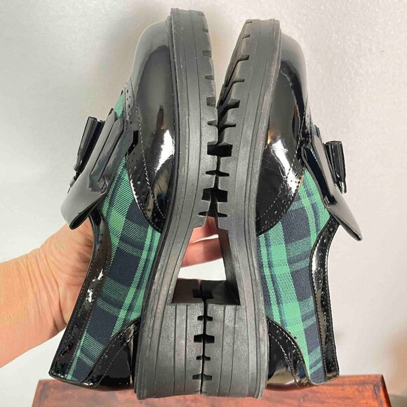 TU Sole Comfort Green and Blue Plaid Patent Loafers with Tassels Women UK Size 4 - Picture 5 of 13